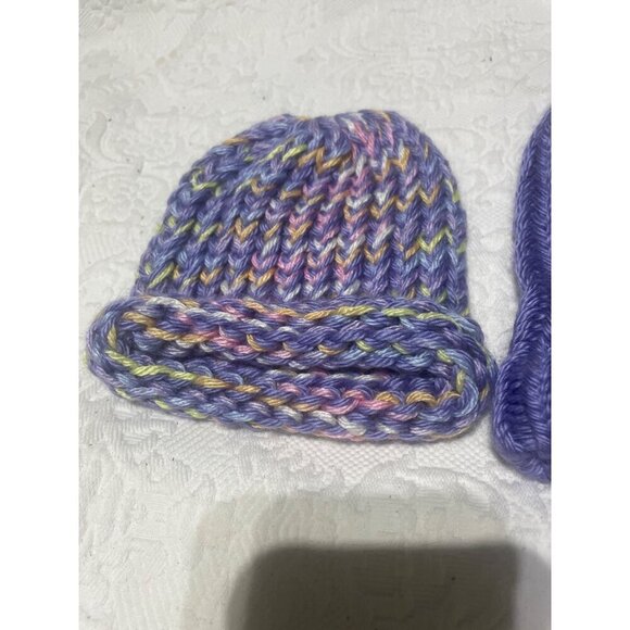 Hand-Knitted Baby Beanie Set  Soft Violet & Multi-Color Yarn  Cozy & Stretchy - Picture 3 of 3